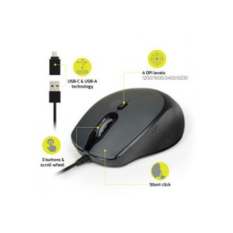   PORT DESIGNS Egér veztékes, silent, optikai, USB-C/USB, 1200/1600/2400 dpi, 1,6 m, fekete
