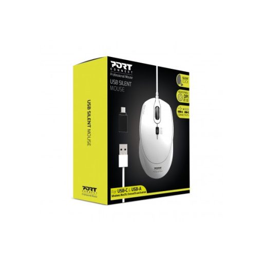 PORT DESIGNS Egér veztékes, silent, optikai, USB-C/USB, 1200/1600/2400 dpi, 1,6 m, fehér