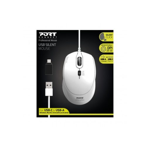PORT DESIGNS Egér veztékes, silent, optikai, USB-C/USB, 1200/1600/2400 dpi, 1,6 m, fehér