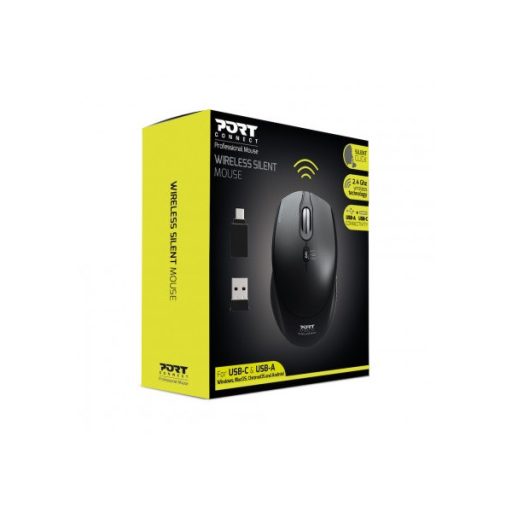 PORT DESIGNS Egér vezeték nélküli, silent, optikai, USB-C/USB, 800/1200/1600 dpi, 1,6 m, 1xAA, fekete