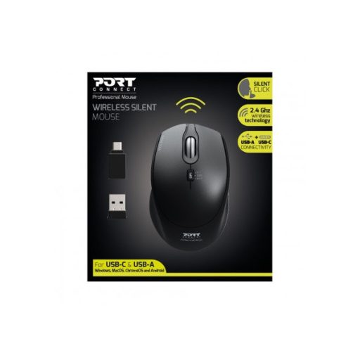 PORT DESIGNS Egér vezeték nélküli, silent, optikai, USB-C/USB, 800/1200/1600 dpi, 1,6 m, 1xAA, fekete
