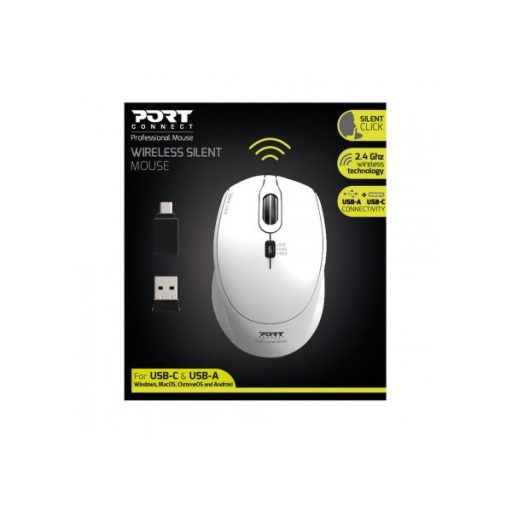 PORT DESIGNS Egér vezeték nélküli, silent, optikai, USB-C/USB, 800/1200/1600 dpi, 1,6 m, 1xAA, fehér