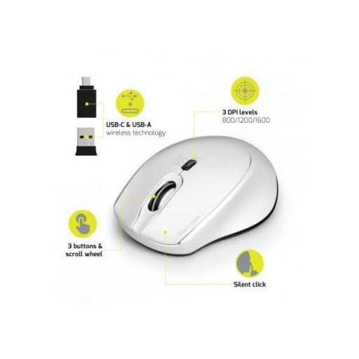 PORT DESIGNS Egér vezeték nélküli, silent, optikai, USB-C/USB, 800/1200/1600 dpi, 1,6 m, 1xAA, fehér