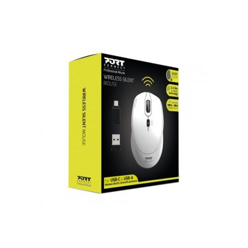 PORT DESIGNS Egér vezeték nélküli, silent, optikai, USB-C/USB, 800/1200/1600 dpi, 1,6 m, 1xAA, fehér