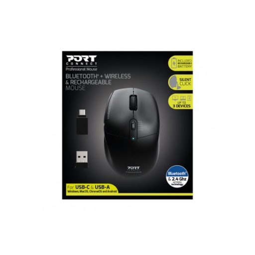 PORT DESIGNS Egér vezeték nélküli, újratölthető akkumulátor, USB-C/USB/BT 5.0, 800/1200/1600/2000/2400 dpi, 5 gomb, feke