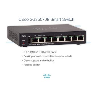   CISCO Switch 8x1000Mbps (POE+ Input) + 1xUSB, Fémházas, Asztali, Menedzselhető - SG250-08-K9-EU