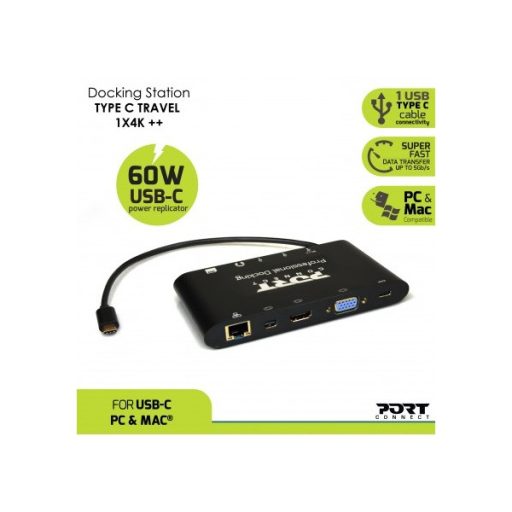 PORT DESIGNS - Dokkoló állomás,TYPE C TRAVEL 1 X 4K  ++1VGA, 1HDMI, 1 miniDP, 3xUSB-A, 1x USB-C, RJ45, SD/MMC&Micro SD