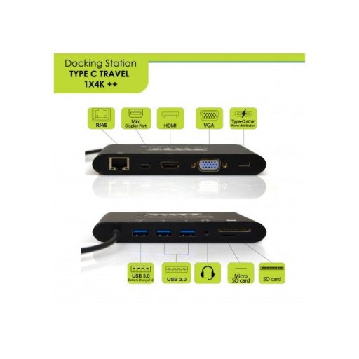 PORT DESIGNS - Dokkoló állomás,TYPE C TRAVEL 1 X 4K  ++1VGA, 1HDMI, 1 miniDP, 3xUSB-A, 1x USB-C, RJ45, SD/MMC&Micro SD
