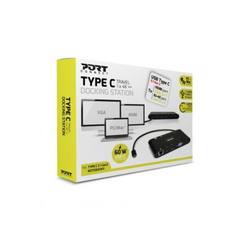 PORT DESIGNS - Dokkoló állomás,TYPE C TRAVEL 1 X 4K  ++1VGA, 1HDMI, 1 miniDP, 3xUSB-A, 1x USB-C, RJ45, SD/MMC&Micro SD