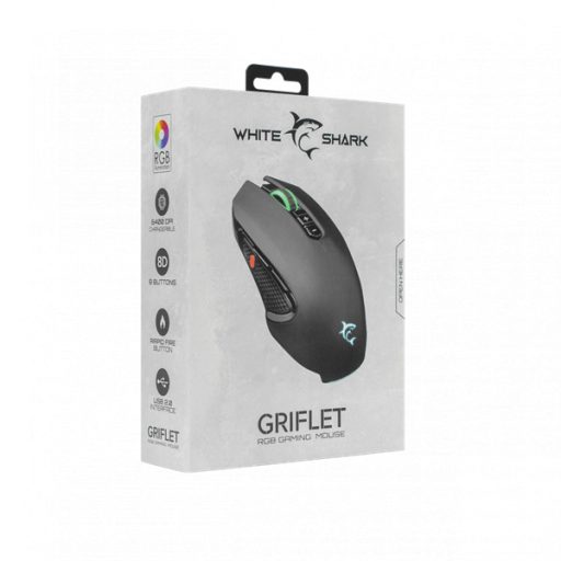 WHITE SHARK GRIFLET (GM-5011) gamer egér, 8D, fekete, 6400 dpi, RGB