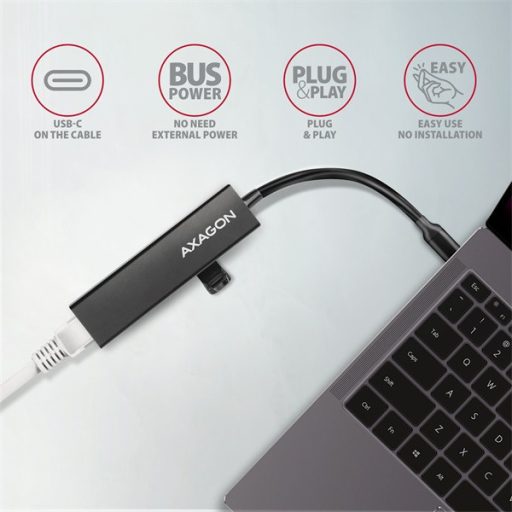 AXAGON HMC-GL3A USB-C 3portos USB hub és gigabit Ethernet RJ45 LAN, fekete