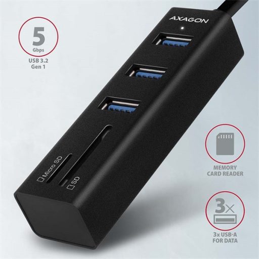 AXAGON HMA-CR3A 3 portos USB 3.2 HUB kártyaolvasóval, fekete