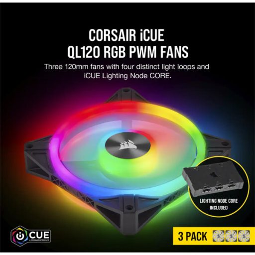 CORSAIR Rendszerhűtő Ventilátor, iCUE QL120 RGB + Lighting Node CORE Kontroller, 12cm, fekete, 3db/csomag