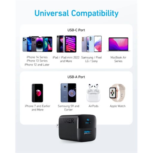 ANKER Hálózati Töltő, 323, 33W, USB-C, USB-A, EU, fekete -  A2331G11