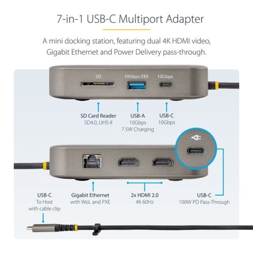 STARTECH USB-C Multiport Adapter, 2xHDMI, 1xLAN, 2xUSB-A/USB-C 10Gbps HUB, 100W PD, SD