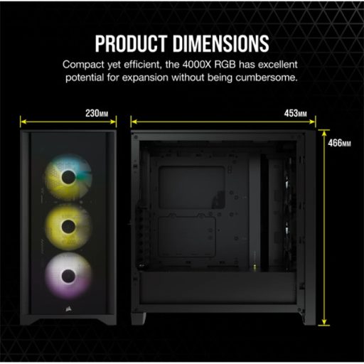 CORSAIR Ház iCUE 4000X RGB, 3x12mm RGB Ventillátorral, Tápegység nélkül, Edzett Üveg, fekete