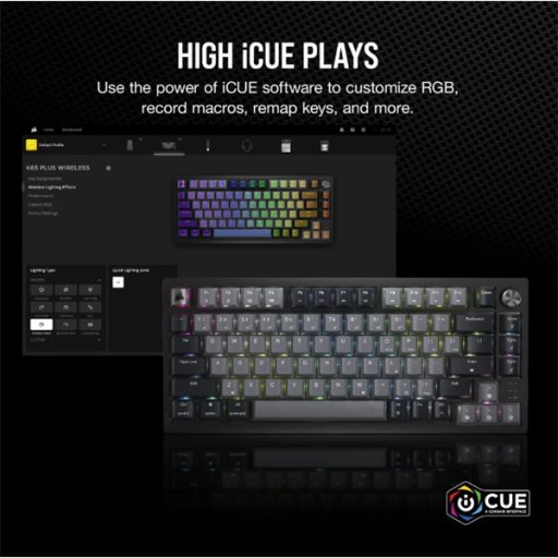 CORSAIR Vezeték Nélküli Billentyűzet Gaming, K65 PLUS 75%, Mechanikus, MLX Red switch, US, fekete