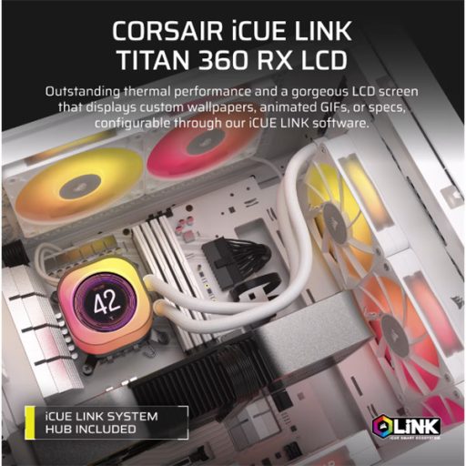 CORSAIR CPU hűtő iCUE LINK TITAN 360 RX LCD (vízhűtés), 3 Ventilátorots, LGA1700 és LGA1851 támogatással, fehér