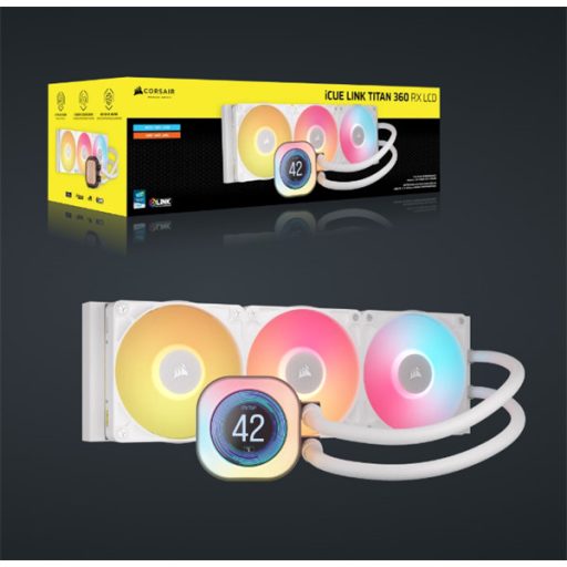 CORSAIR CPU hűtő iCUE LINK TITAN 360 RX LCD (vízhűtés), 3 Ventilátorots, LGA1700 és LGA1851 támogatással, fehér