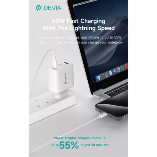 DEVIA Extreme Speed Series 65W GaN PD gyorstöltő adapter USB+2xType-C - fehér