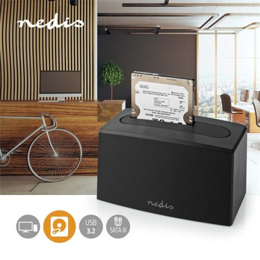 Nedis HDDUSB3210BK HDD / SSD dokkoló, USB 3.2 Gen1, USB Type-A, 2 fiókos,  2,5 / 3,5", USB 3.2 Gen1
