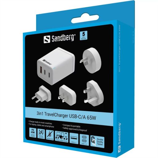 SANDBERG Hálózati töltő, 3 in 1 travel charger USB C/A 65W