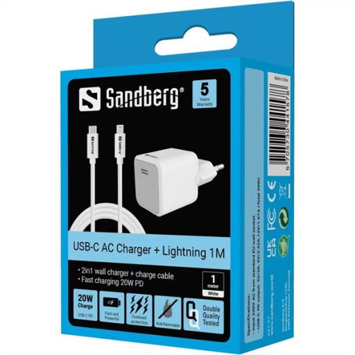 SANDBERG Hálózati töltő, USB-C AC Charger 20W + Lightning 1m