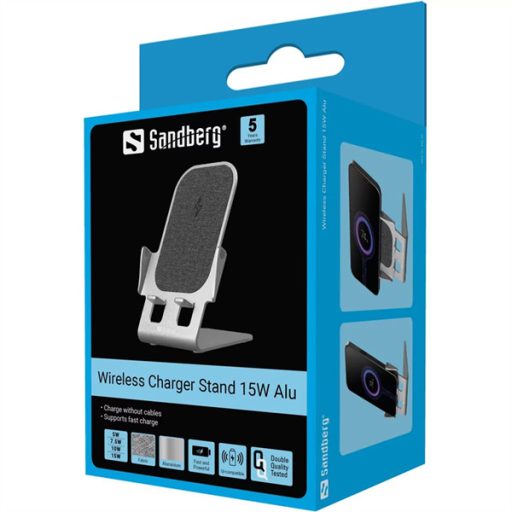 SANDBERG Töltő állomás, Wireless Charger Stand 15W Alu