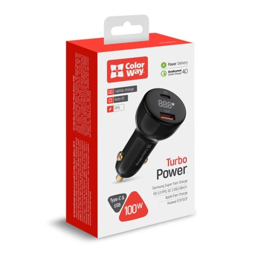 COLORWAY Autós töltő, CW-CHA044PD-BKPower Delivery Port PPS USB (USB-A + USB-C) (100 W) Fekete