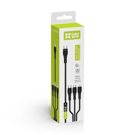 COLORWAY Kábel Type-C CW-CBPDU3060-BK, 3B1 (Lightning+MicroUSB+Type-C) 3.0A (PD60W adatok) 1.2 fekete