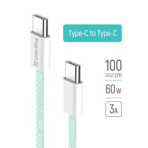 COLORWAY Kábel Type-C CW-CBPDCC061-G, fonott pamut, PD Fast Charging 60W, 3,0A 1M zöld