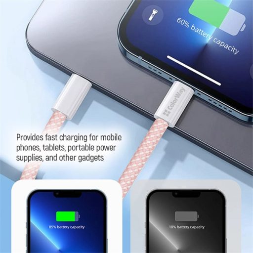 COLORWAY Kábel Type-C CW-CBPDCC061-P, fonott pamut, PD Fast Charging 60W, 3,0A 1M rózsaszín