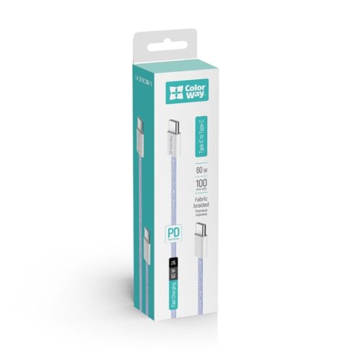 COLORWAY Kábel Type-C CW-CBPDCC061-PU, fonott pamut, PD Fast Charging 60W, 3,0A 1M lila