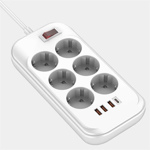 COLORWAY Hálózati elosztó, CW-CHE64PDW, 6 tápcsatlakozó/4USB (C típusú PD20W + 3USB QC3.0) (38W) Fehér 2M