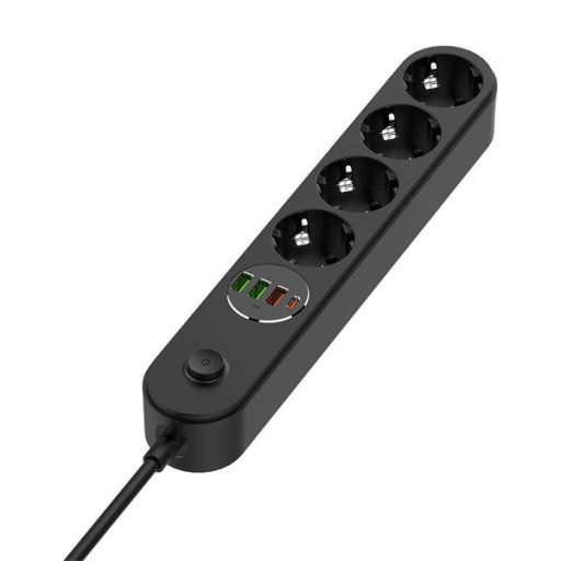 COLORWAY Hálózati elosztó, CW-CHE44PDB, 4 tápcsatlakozó/4USB (C típusú PD20W + 3USB QC3.0) (45W) Fekete 2M