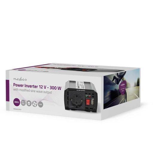 Nedis PIM30012FGY 12V DC - 230V AC inverter, 300W, csatlakozás: szivargyújtós, akku csipesz