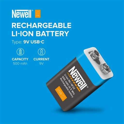 NEWELL 9V - os akkumulátor, USB-C port, 500 mAh, 6F22, USB-A/USB-C kábel tartozék, 40 hónap garancia, 1200 töltés