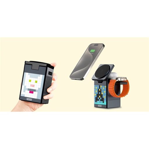 NEWELL induOne MagPlay 3 in 1 töltőállomás + hangszóró + óra, 3 eszköz töltés, LED kijelző, RGB, animációs lehetőségek