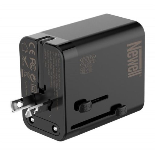 NEWELL GAN gyorstöltő adapter utazáshoz, 65W, AC aljzat, 1 db USB-A port 2 db USB-C port, kivehető dugók