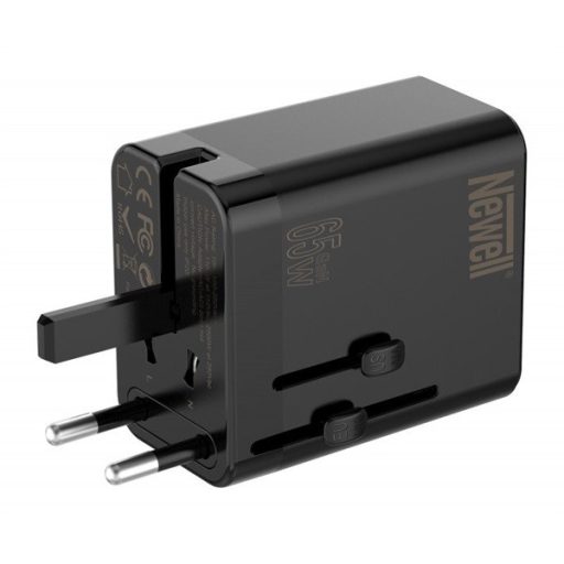 NEWELL GAN gyorstöltő adapter utazáshoz, 65W, AC aljzat, 1 db USB-A port 2 db USB-C port, kivehető dugók