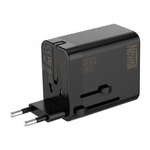NEWELL GAN gyorstöltő adapter utazáshoz, 65W, AC aljzat, 1 db USB-A port 2 db USB-C port, kivehető dugók