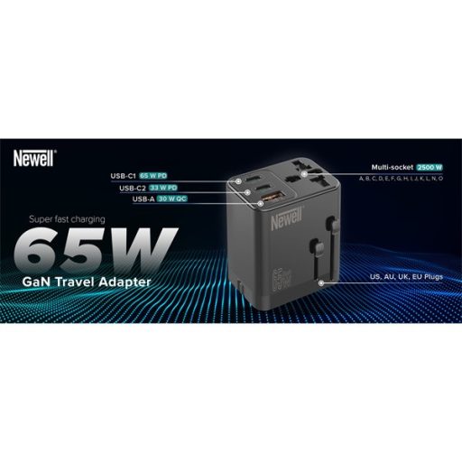 NEWELL GAN gyorstöltő adapter utazáshoz, 65W, AC aljzat, 1 db USB-A port 2 db USB-C port, kivehető dugók