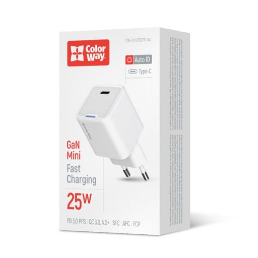 COLORWAY AC töltő GaN Mini, CW-CHS052PD-WT 25W PD port PPS USB-C fehér
