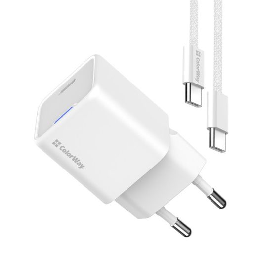 COLORWAY AC töltő GaN Mini CW-CHS052PDC-WT 25W PD port PPS USB-C fehér kábel Type-C