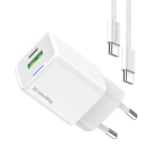 COLORWAY AC töltő GaN Mini CW-CHS053PDC-WT 30W PD port PPS USB (Type-C PD + USB QC4.0) kábel Type-C