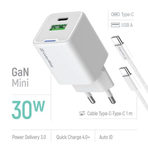 COLORWAY AC töltő GaN Mini CW-CHS053PDC-WT 30W PD port PPS USB (Type-C PD + USB QC4.0) kábel Type-C