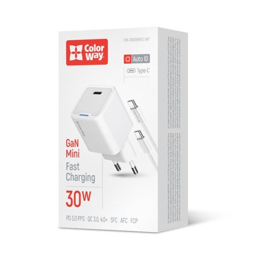 COLORWAY AC töltő GaN Mini CW-CHS054PDC-WT 30W PD port PPS USB-C fehér + kábel Type-C