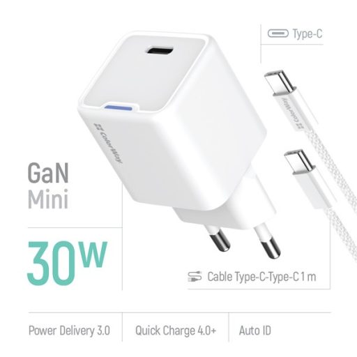COLORWAY AC töltő GaN Mini CW-CHS054PDC-WT 30W PD port PPS USB-C fehér + kábel Type-C