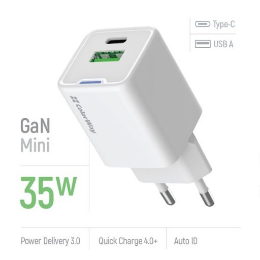 COLORWAY AC töltő GaN Mini CW-CHS055PD-WT 35W PD port PPS USB (Type-C PD + USB QC4.0) fehér
