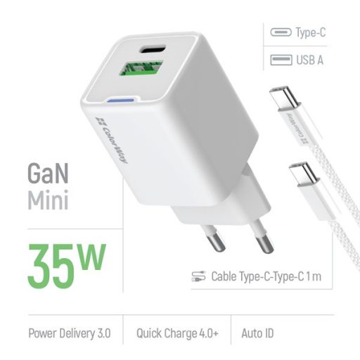 COLORWAY AC töltő GaN Mini CW-CHS055PDC-WT 35W PD port PPS USB (Type-C PD + USB QC4.0) kábel Type-C